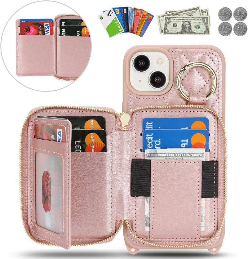 Hamany Crossbody Wallet Case for iPhone 14 Plus, PU Leather Zipper Handbag Purse Flip Cover, Kickstand Folio Case with Card Slots Holder Wrist Strap Lanyard 5G 6.7 Inch-Rose Gold - Image 2